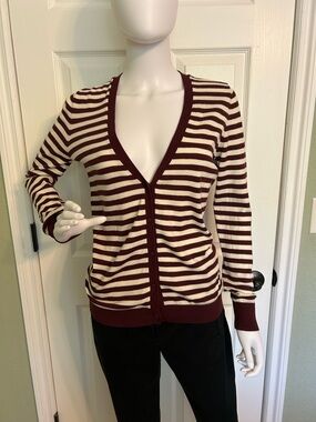 LOFT Striped V-Neck Button Cardigan in Burgundy and Cream